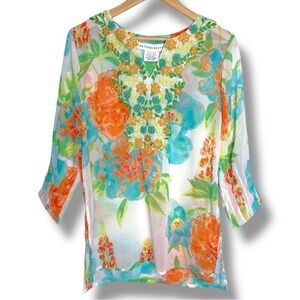 Gretchen Scott Designs Floral Tunic Blouse 3/4 Sleeve Crochet Knit Flowers